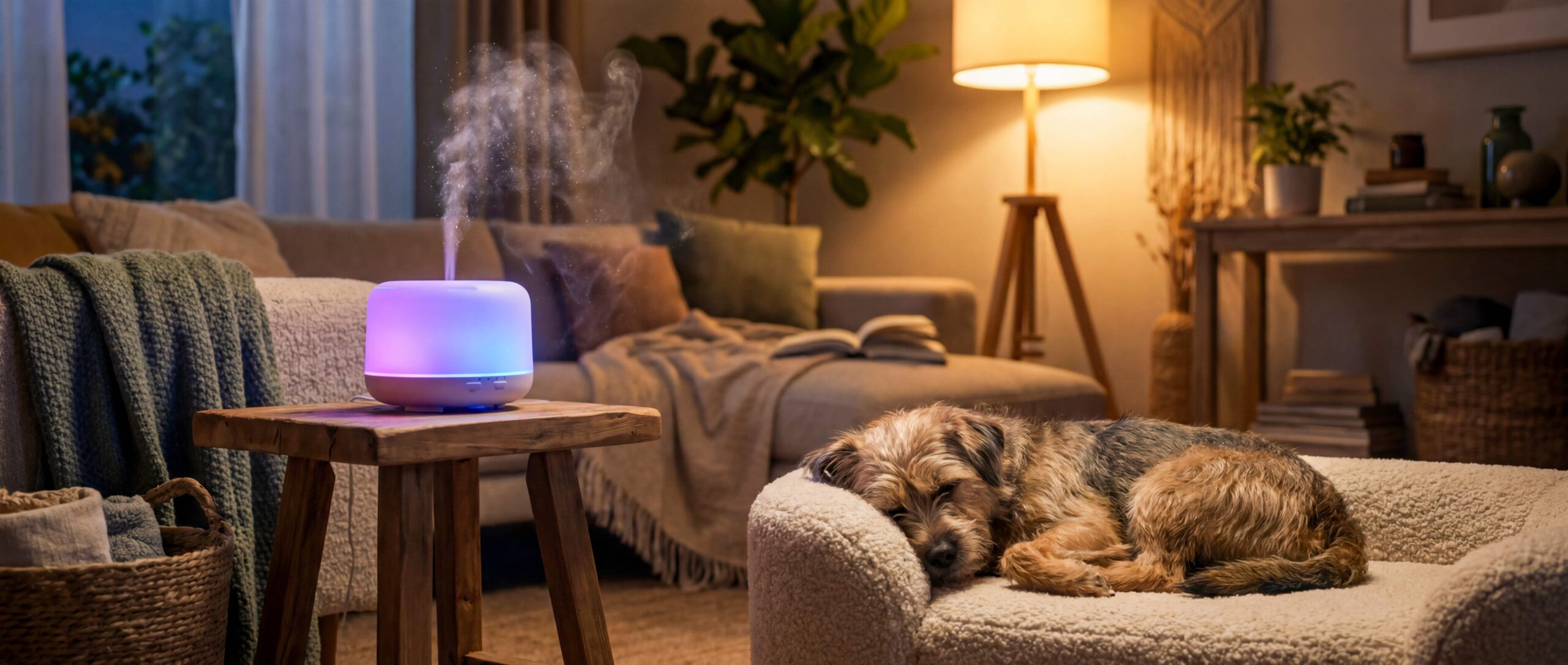 Peaceful dog sleeping in a cozy pet bed next to a glowing essential oil diffuser in a warm living room at evening.